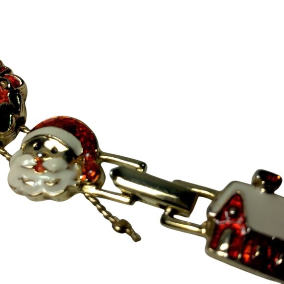 Christmas Charm Bracelet Holiday Fashion Santa Wreath Cabin Marked SP Gold Tone - Picture 7 of 13